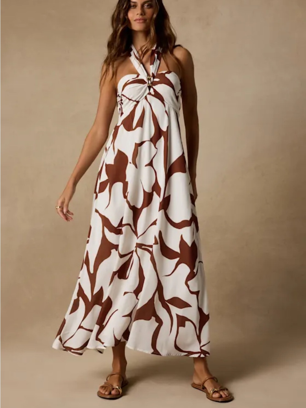 Brown & White Halter Midi Dress - Women